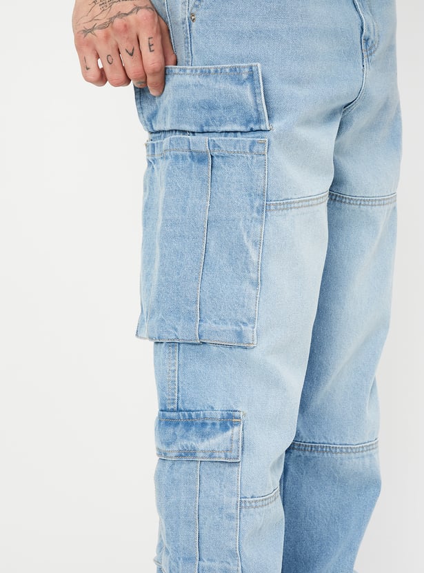 Everyday Casual Men’s Washed Cargo Jeans with Loose-Fit Silhouette and Practical Pockets