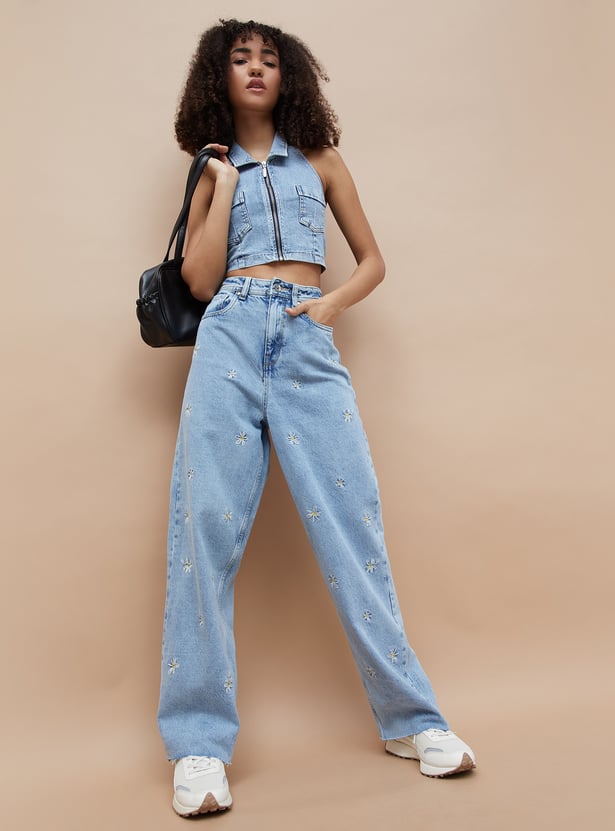 Everyday Essential Women’s Wide Leg Jeans with Embroidery Perfect for Travel, College, and Casual Gatherings