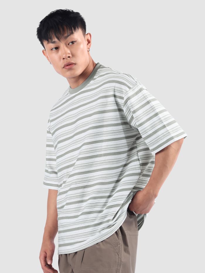 Men’s Relaxed Fit Grey Stripe Textured Oversized T-Shirt for Summer & Travel