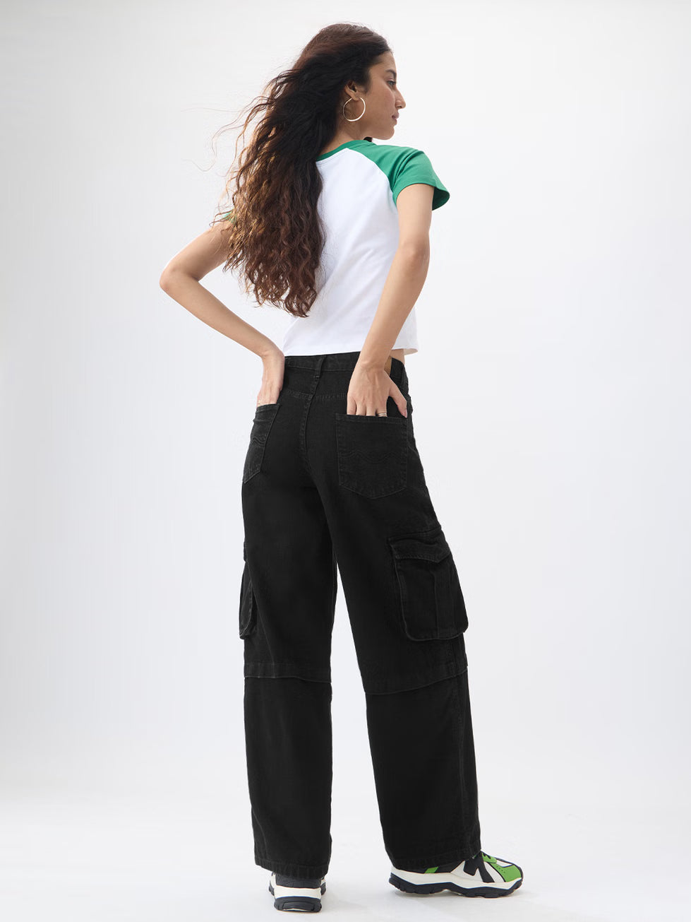 Versatile Opal Black Baggy Cargo Jeans for Women Ideal for Casual, College, and Outdoor Wear