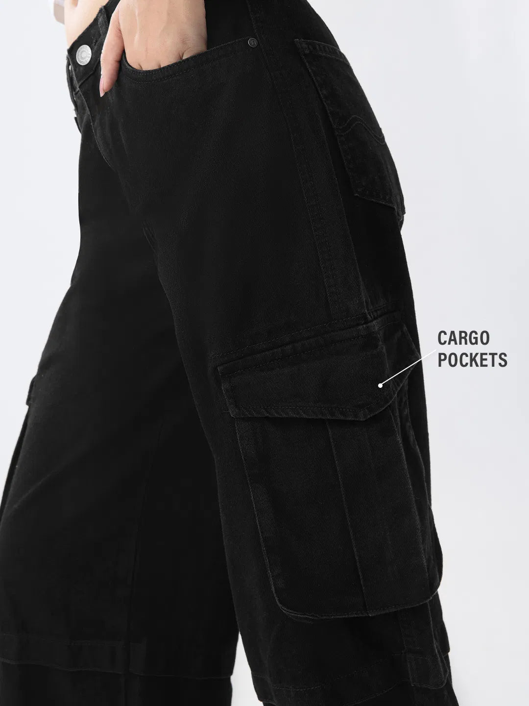 Versatile Opal Black Baggy Cargo Jeans for Women Ideal for Casual, College, and Outdoor Wear