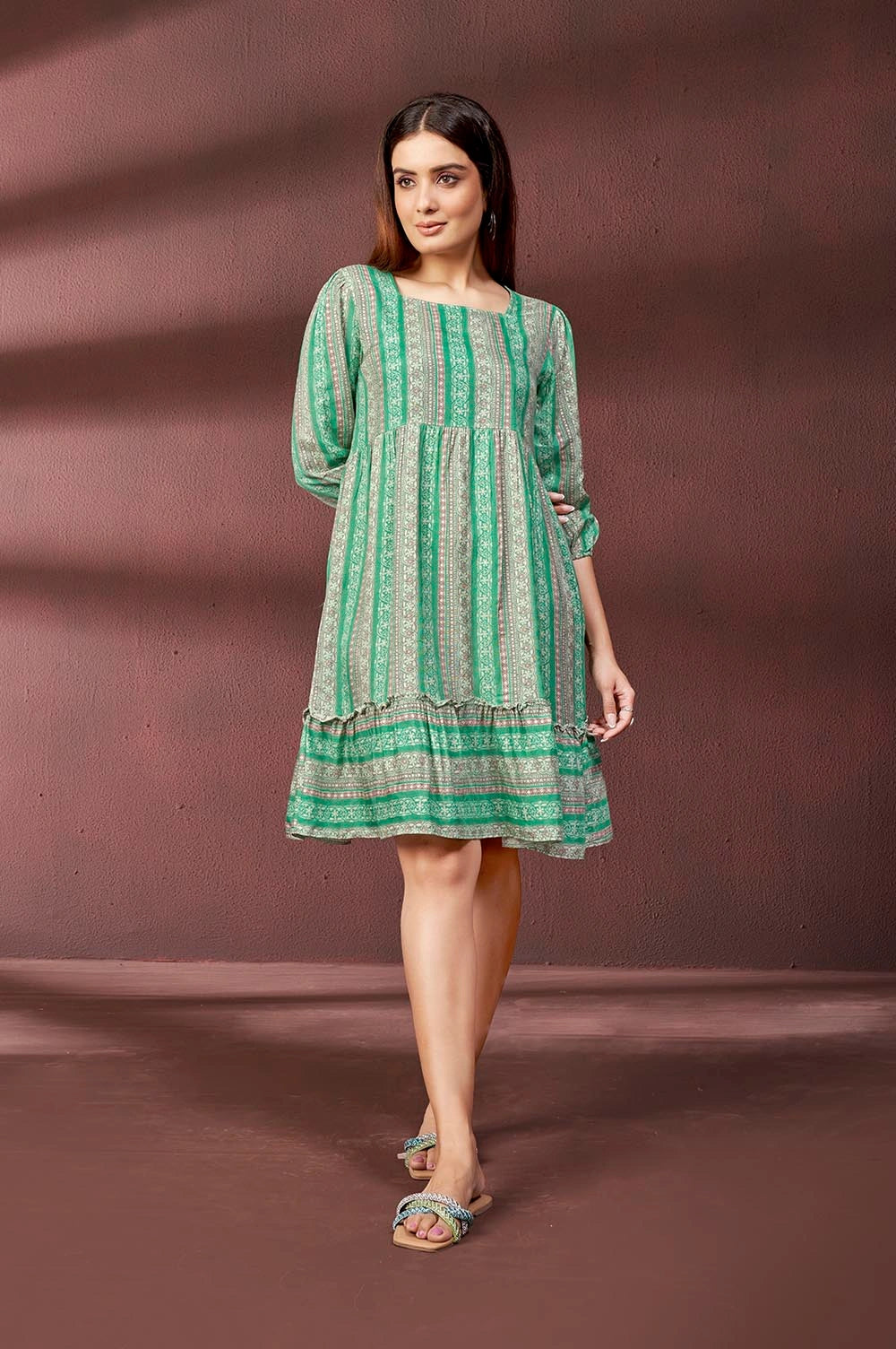 Stylish Women’s Green Dress with All-Over Digital Print for Casual and Party Wear