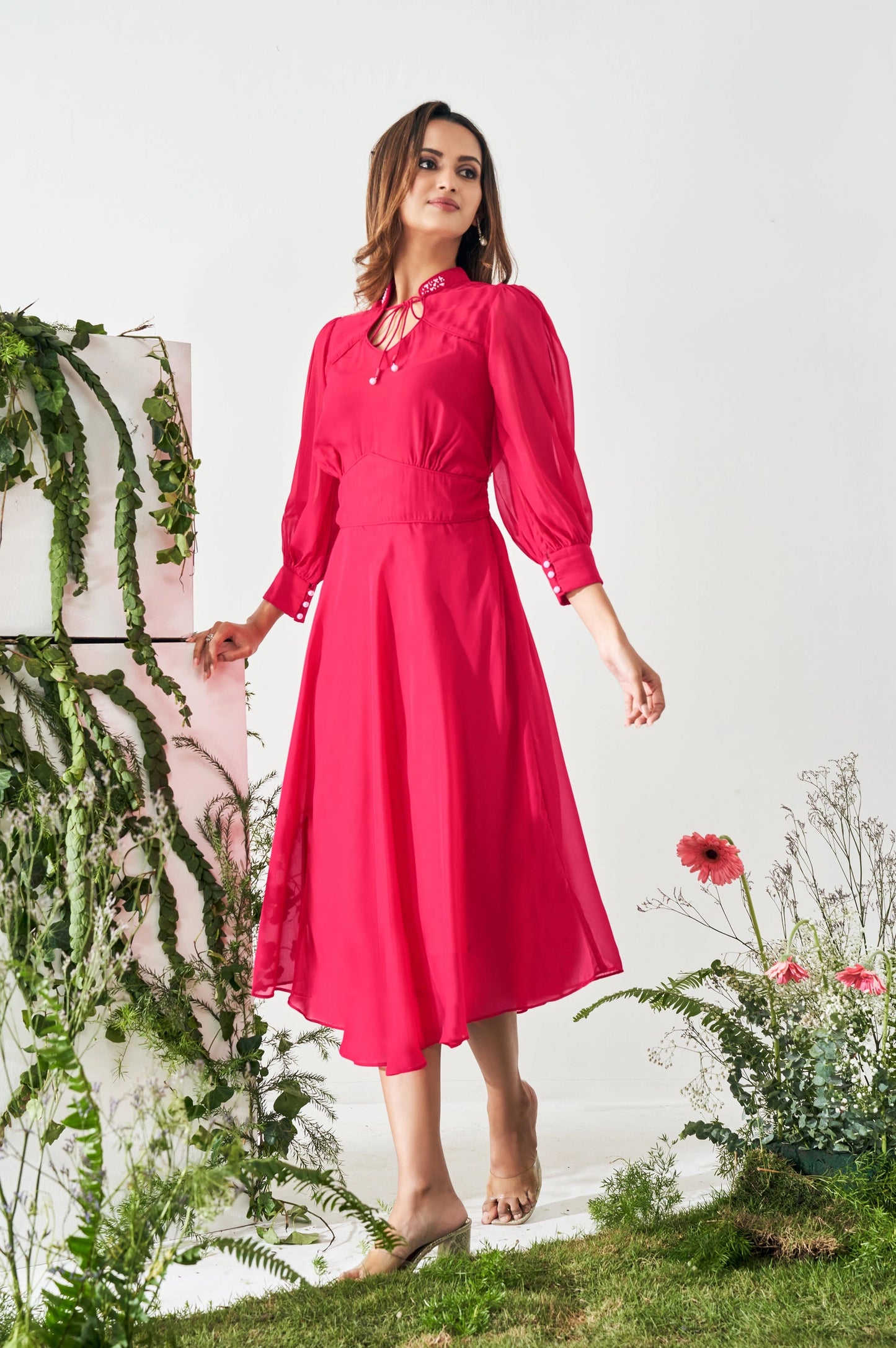 Graceful Women’s Smocked Fit and Flared Dress in Bright Pink with Contemporary Styling