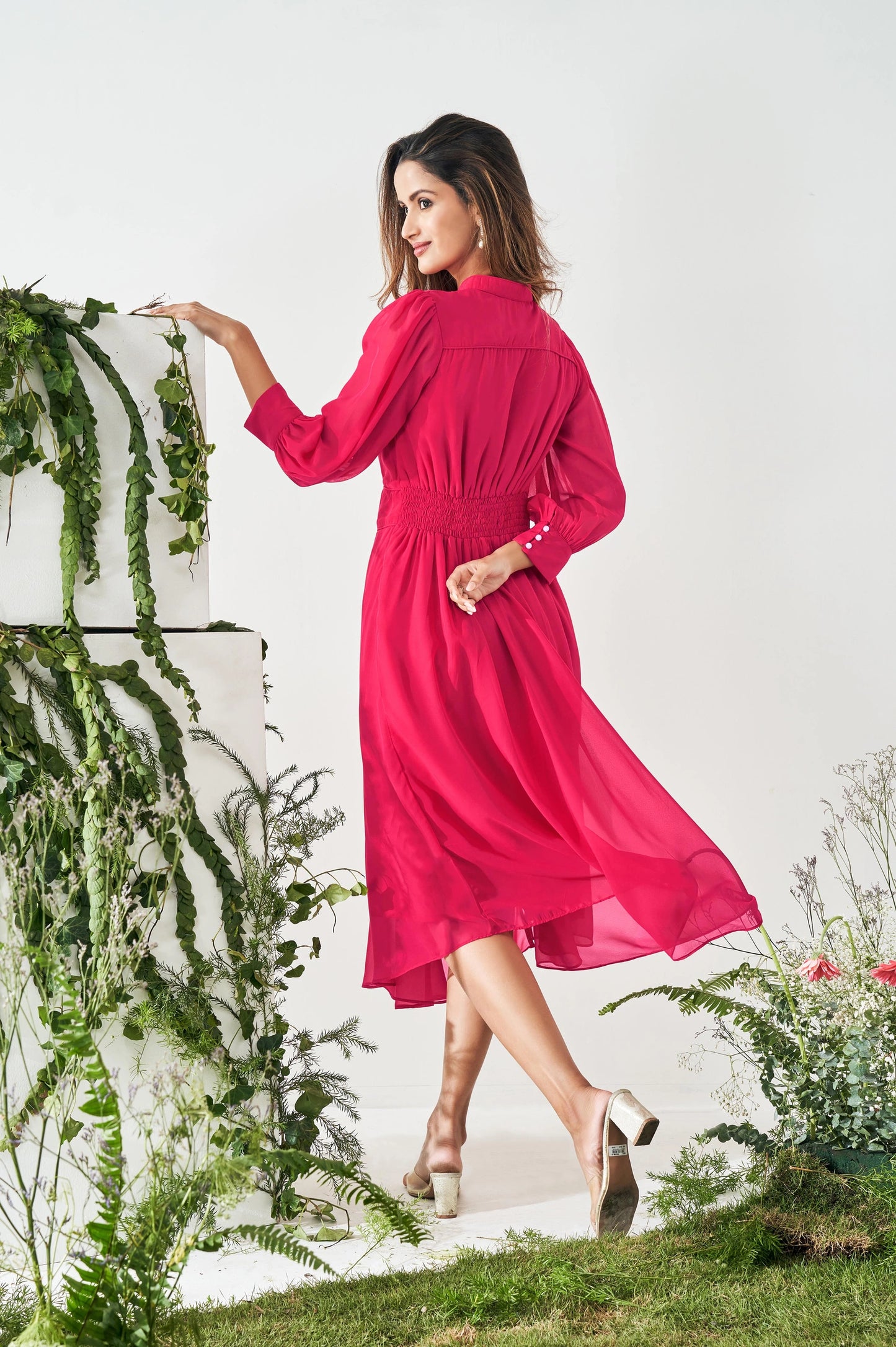 Graceful Women’s Smocked Fit and Flared Dress in Bright Pink with Contemporary Styling
