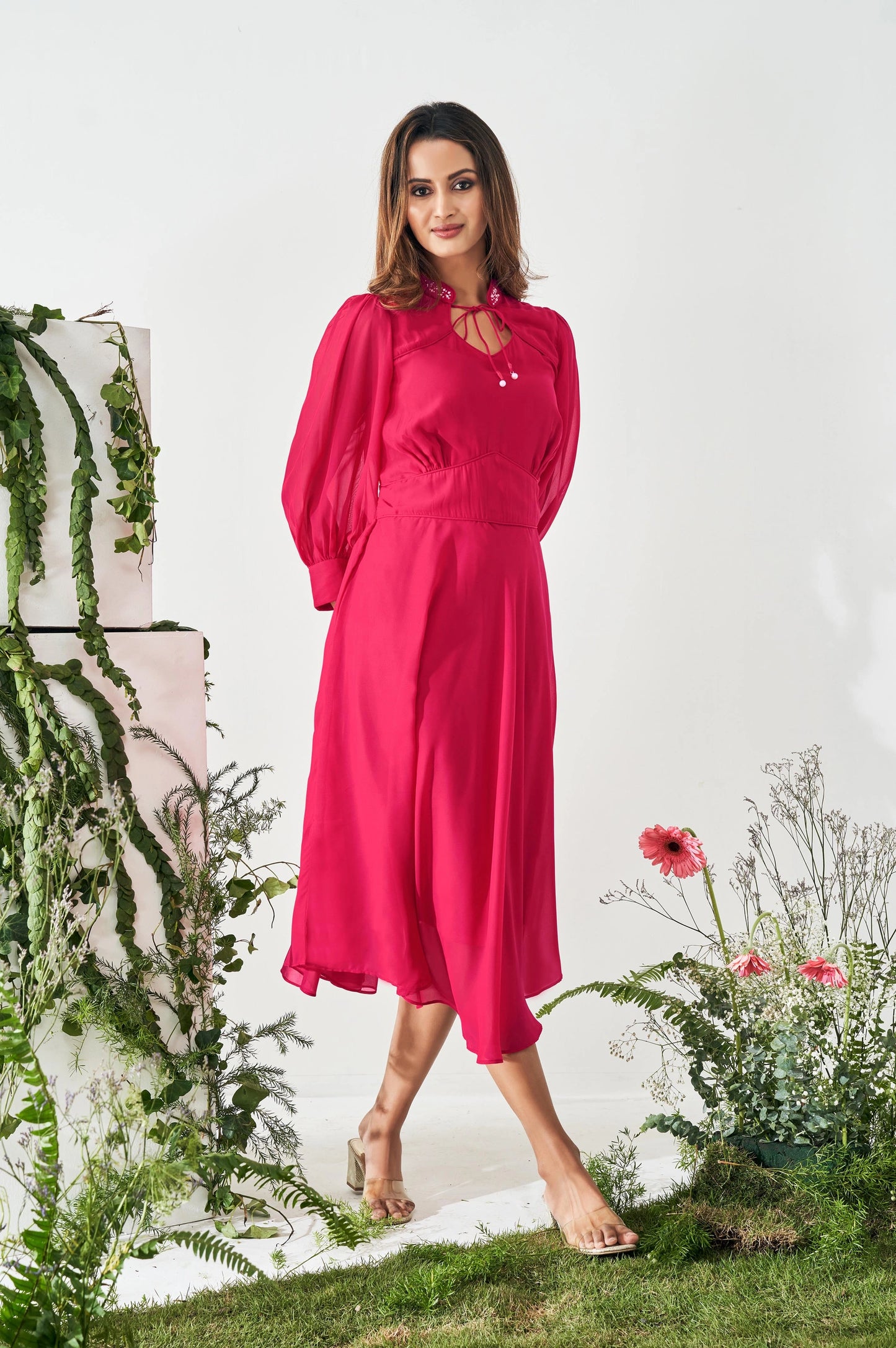 Graceful Women’s Smocked Fit and Flared Dress in Bright Pink with Contemporary Styling
