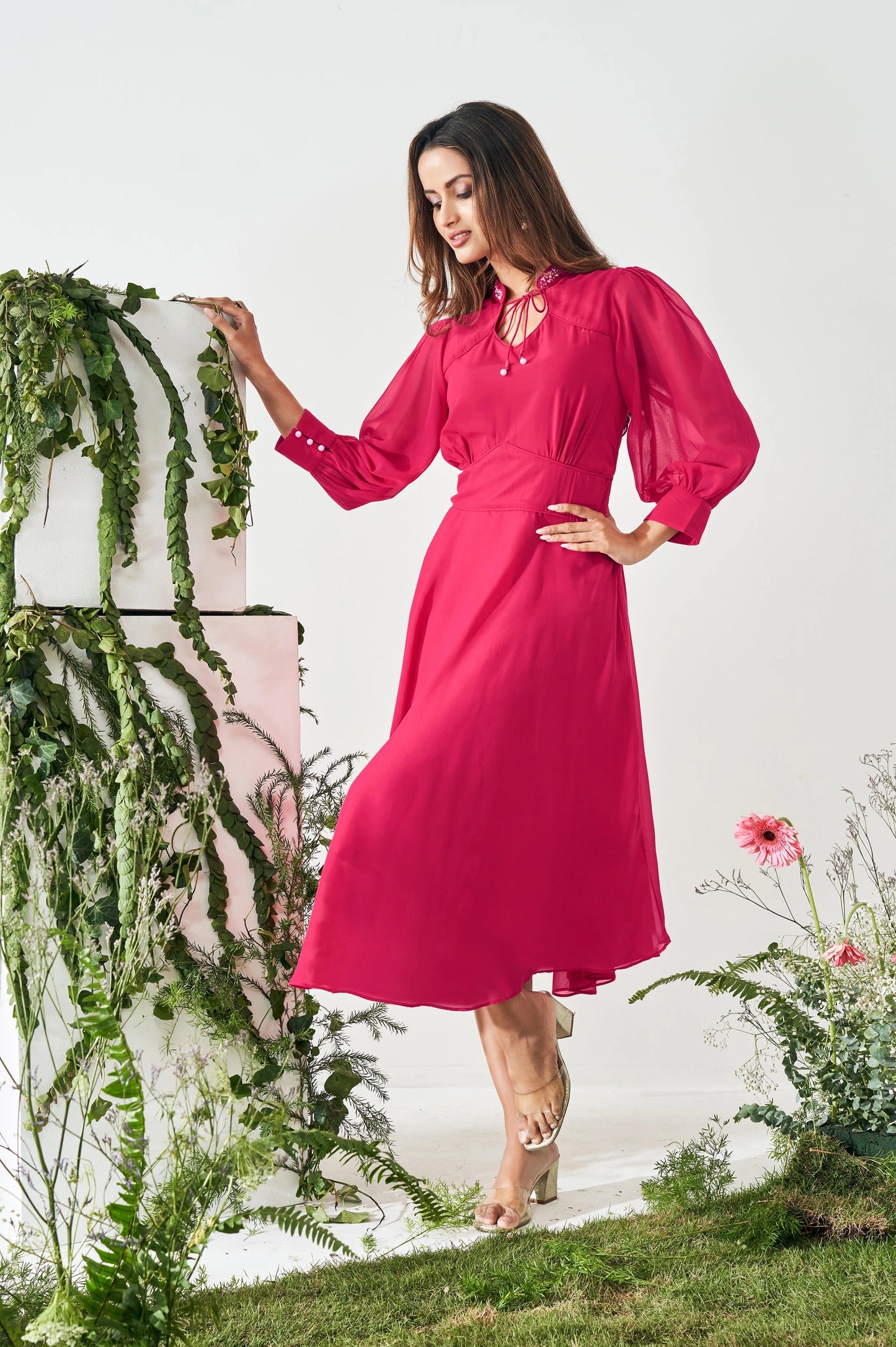 Graceful Women’s Smocked Fit and Flared Dress in Bright Pink with Contemporary Styling