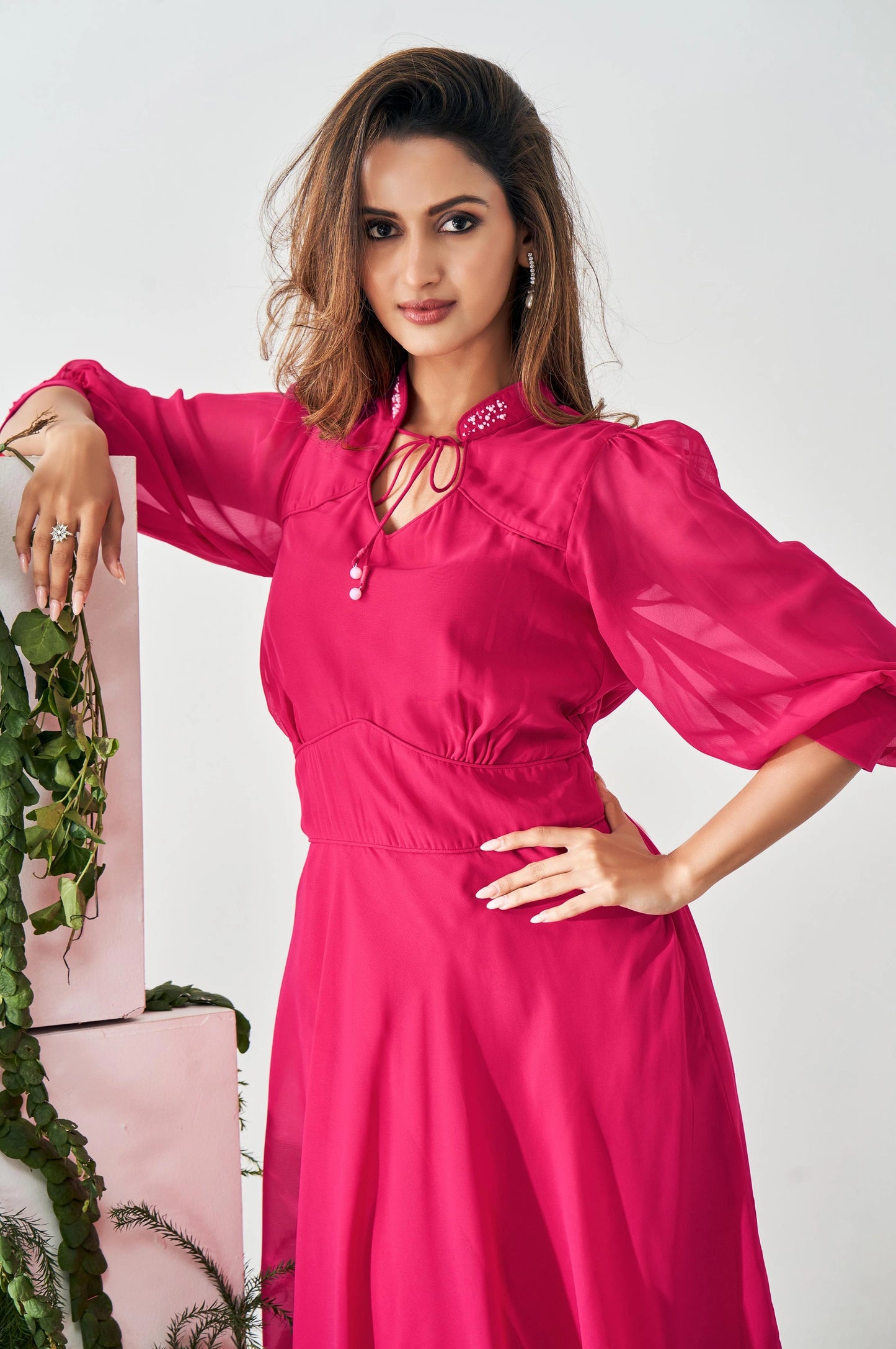 Graceful Women’s Smocked Fit and Flared Dress in Bright Pink with Contemporary Styling
