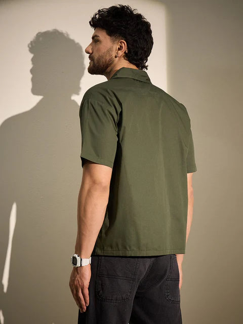 Casual Olive Zipped Shirt for Men Graphic Cracked Body Pattern