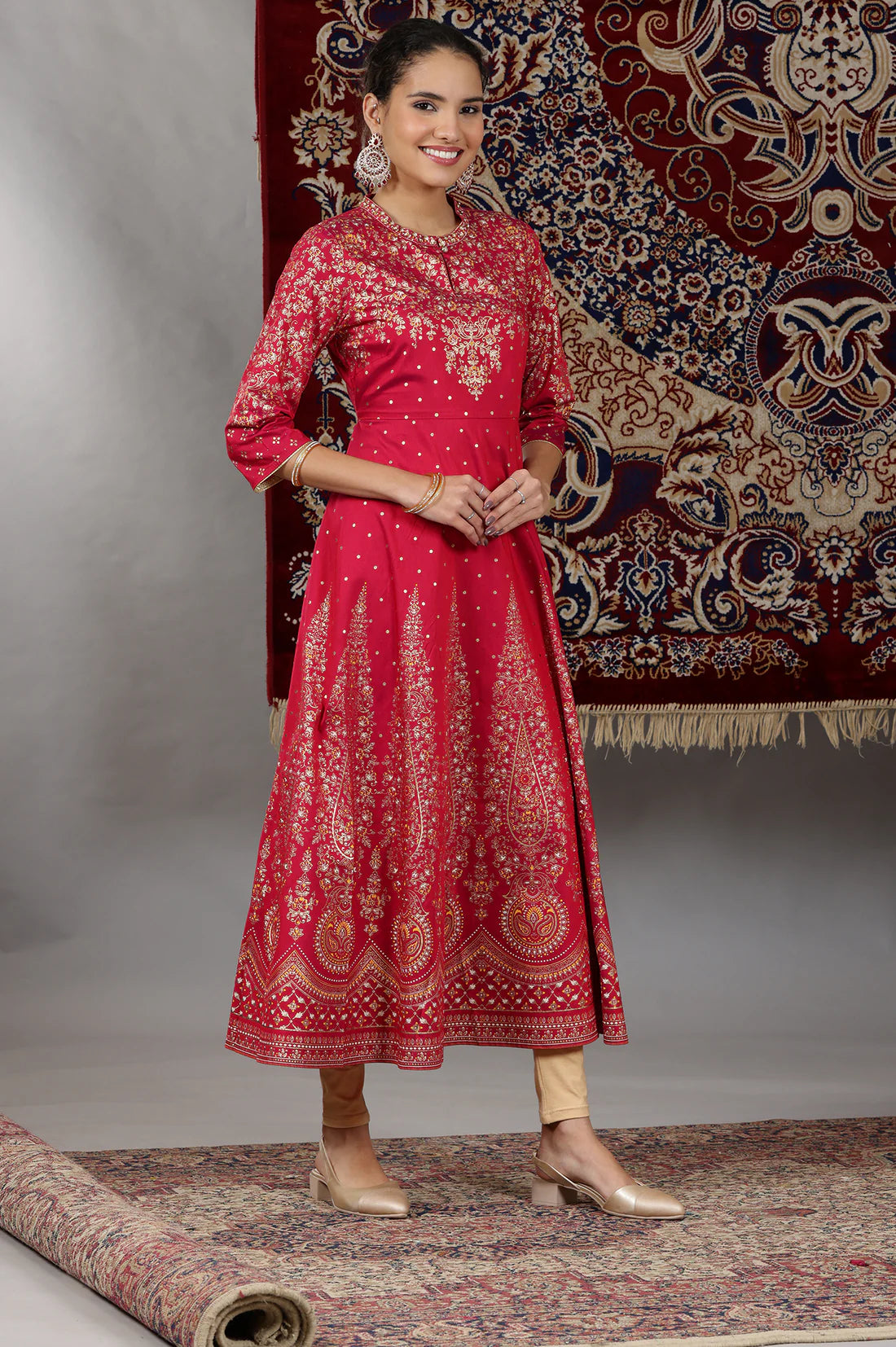 Stylish Pink Flared Kurta Set with Printed Design, Embellished Neck Detailing, Matching Tights, and Dupatta for Special Occasions