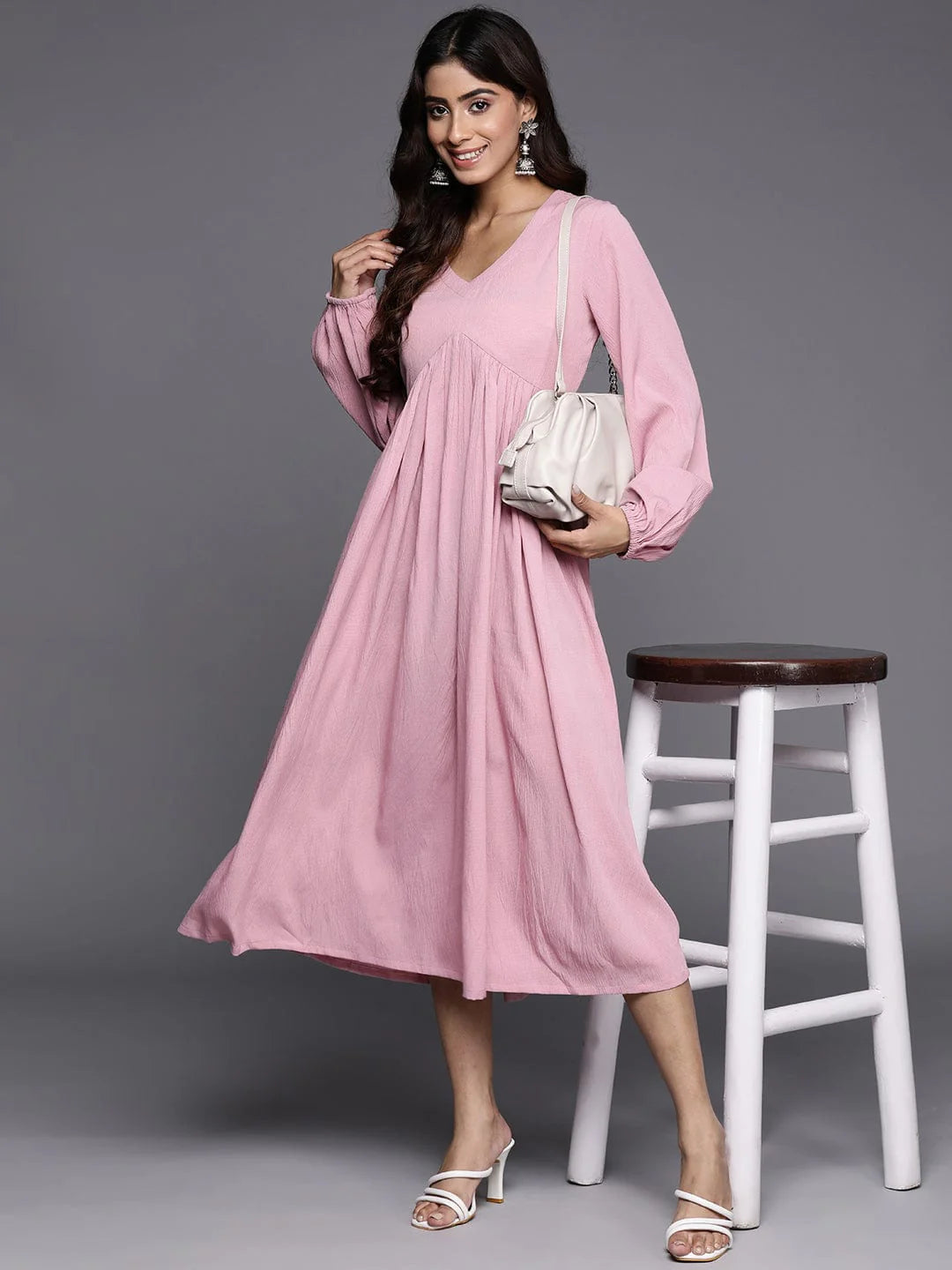 Elegant Women’s Pink V Neck Bishop Sleeve Calf Length A Line Dress with Flared Hem