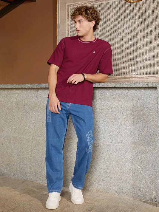 Trendy Loose-Fit Blue Denim Jeans for Men with Laser Print for Modern Casual Outfits