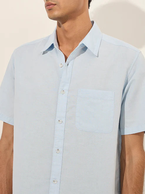 Men’s Light Blue Relaxed Fit Cotton-Blend Shirt for Office & Casual Wear