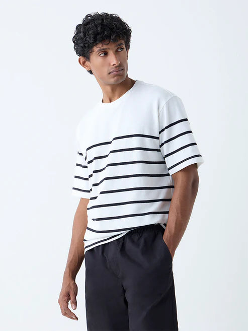 Lightweight Relaxed Fit White Striped T-Shirt for Men Smart Casual Look