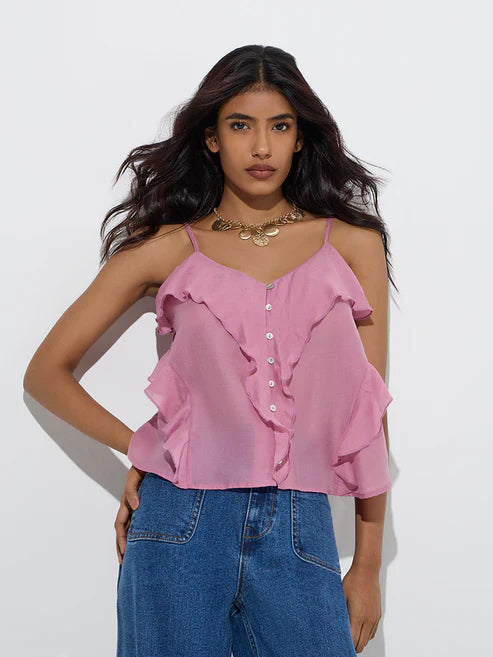 Fashionable Women’s Mauve Top Featuring Ruffle Design and Comfortable Fit