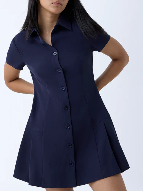 Chic Women’s Solid Navy Shirt Dress with Minimalist Styling and Button Detailing