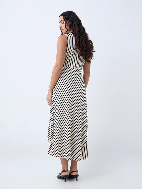 Graceful Off-White A-Line Dress with Striped Pattern for Semi-Formal and Casual Wear