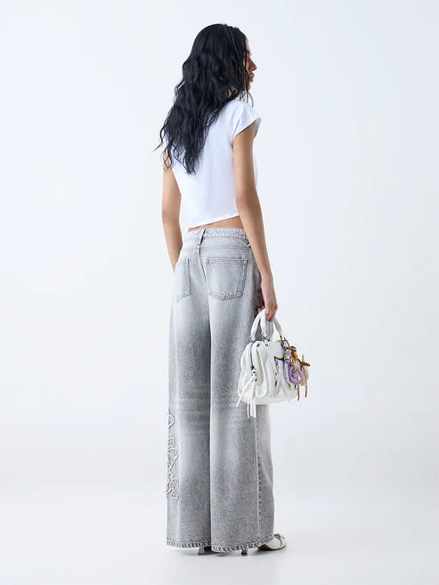 Designer Grey Faded Wide-Leg Mid-Rise Jeans with Contemporary Urban Style - Copy