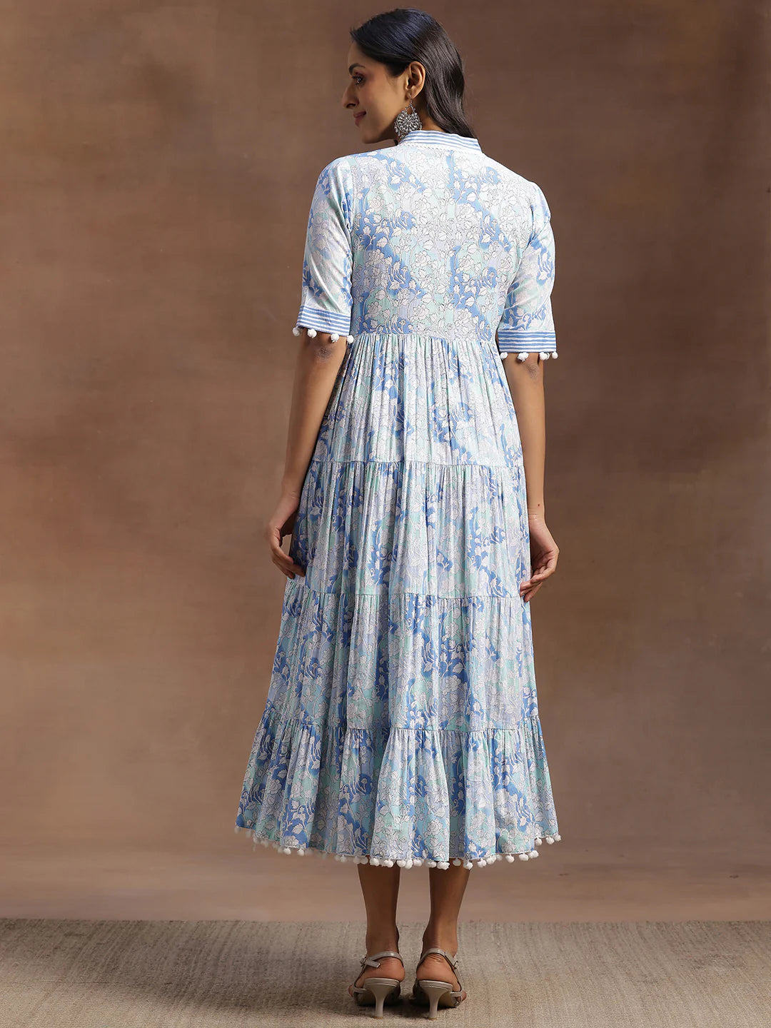 Contemporary Blue Cotton A-Line Dress with Printed Detailing for Women