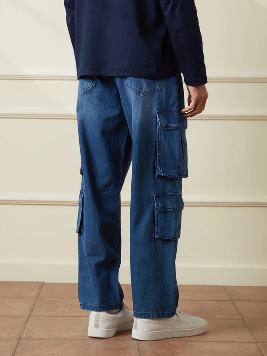 Everyday Casual Men’s Faded Blue Denim Cargo Jeans with Relaxed Loose-Fit Style