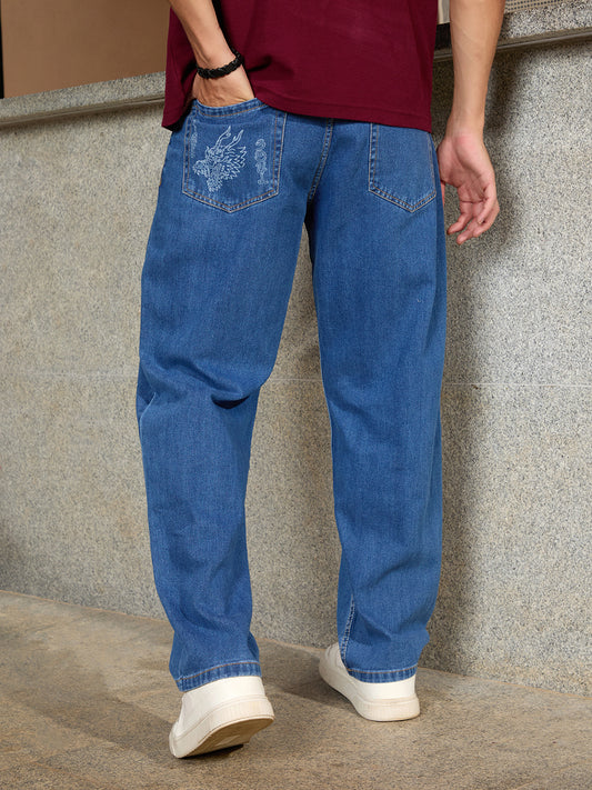 Trendy Loose-Fit Blue Denim Jeans for Men with Laser Print for Modern Casual Outfits