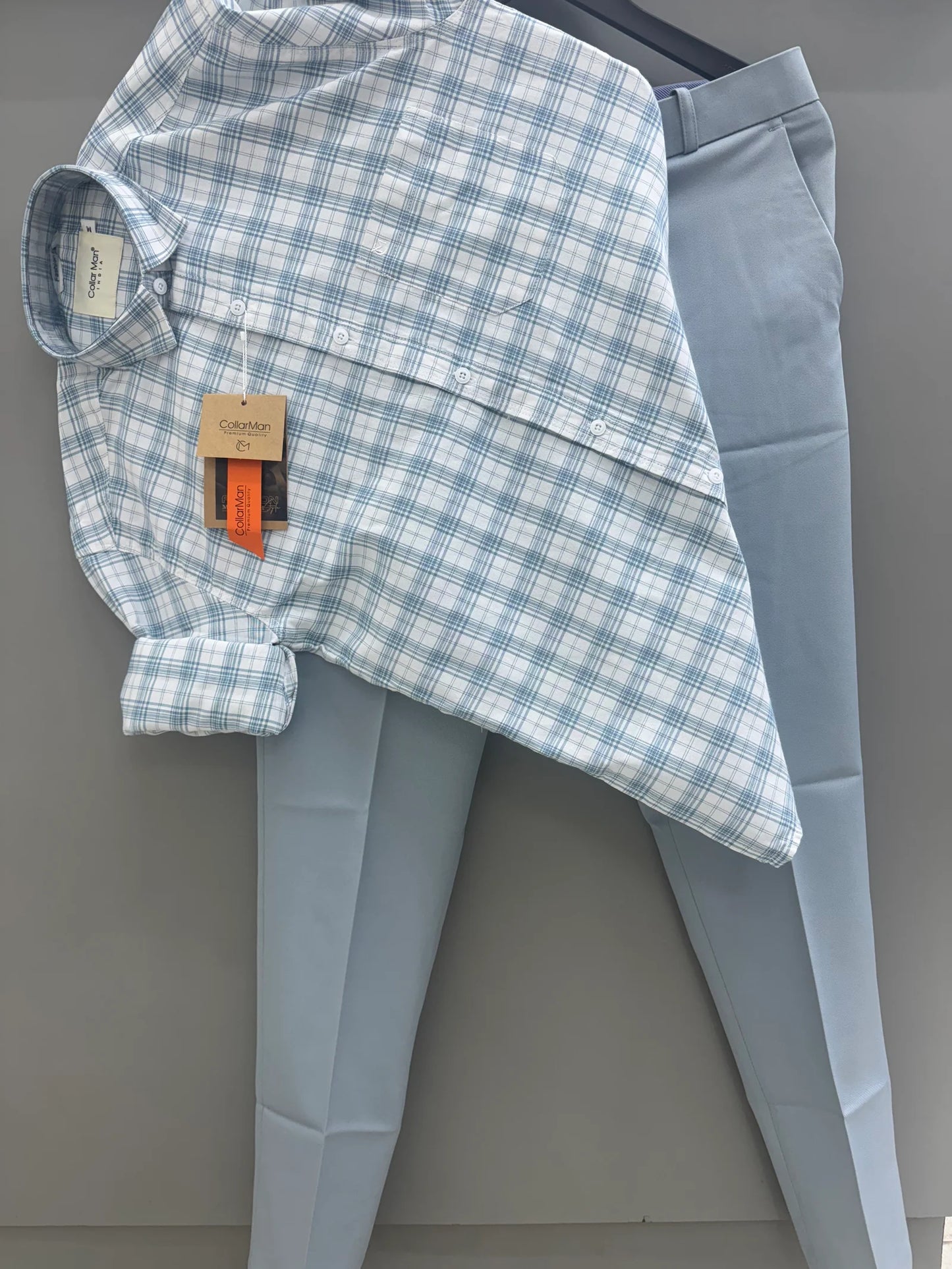 Modern White Mint Blue Box Check Shirt with Formal Pants for Professional and Smart Casual Style