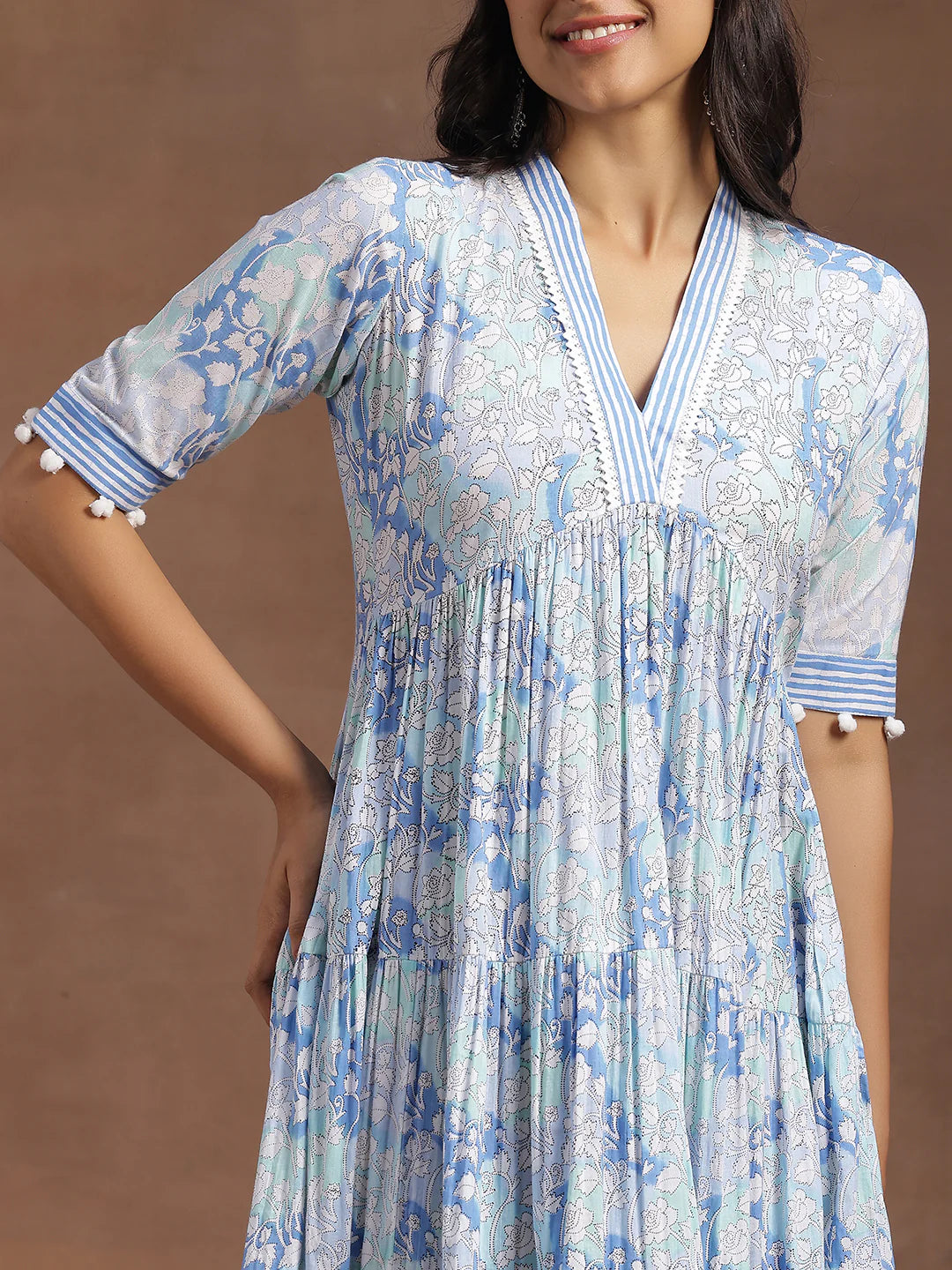 Contemporary Blue Cotton A-Line Dress with Printed Detailing for Women