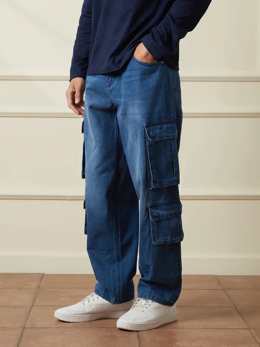 Everyday Casual Men’s Faded Blue Denim Cargo Jeans with Relaxed Loose-Fit Style