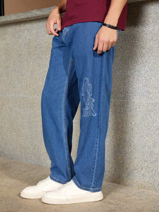 Trendy Loose-Fit Blue Denim Jeans for Men with Laser Print for Modern Casual Outfits
