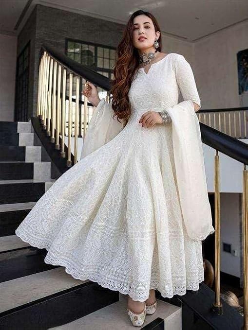 Designer Women’s Cotton Chikankari Anarkali Kurti with Dupatta