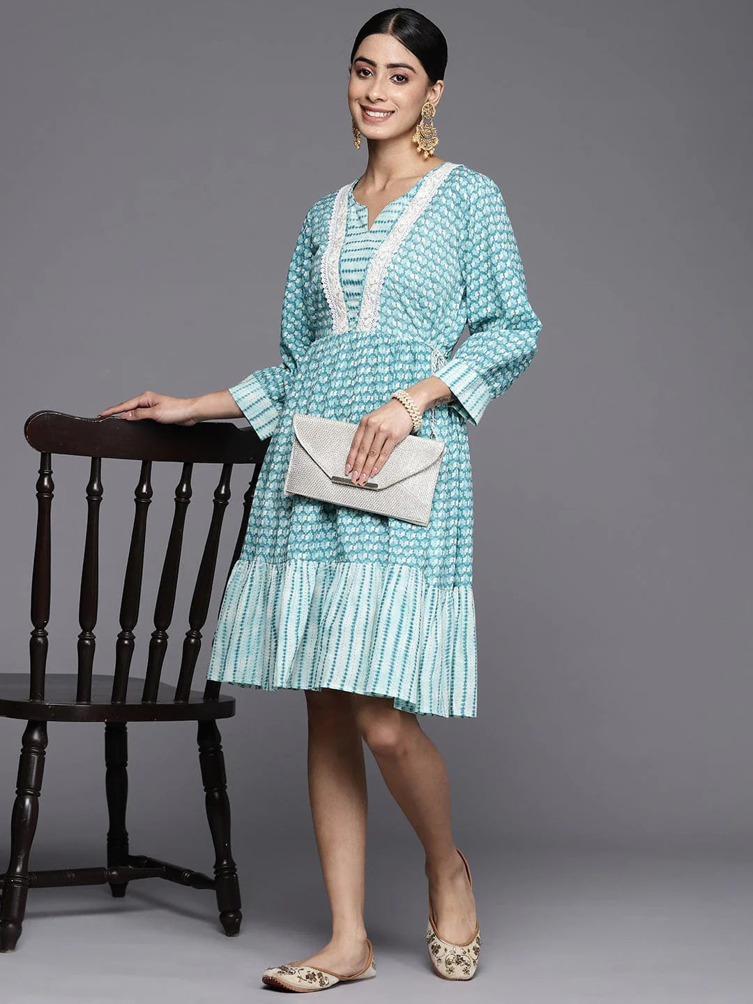 Elegant Turquoise Blue Short Gathered Summer Dress for Women