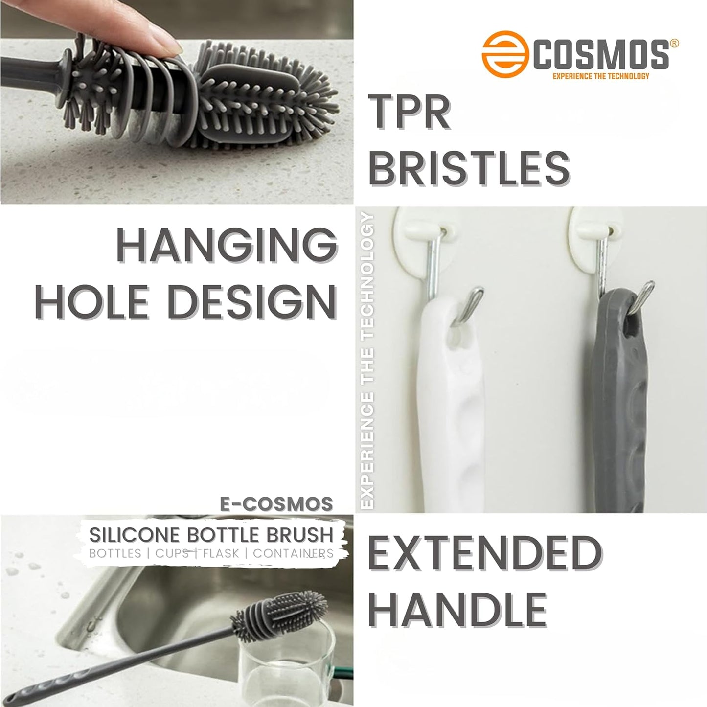 Long Handle Silicone Bottle Cleaning Brush for Water Bottles Glass and Containers