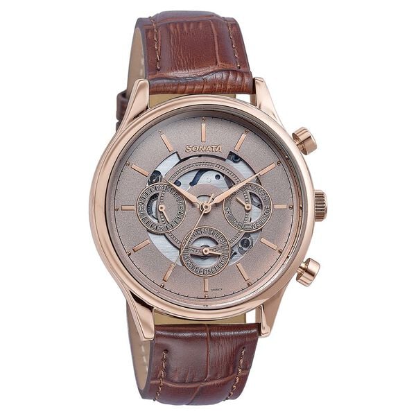 Trendy Men’s Multifunction Quartz Watch with Sleek Pink Dial and Leather Band