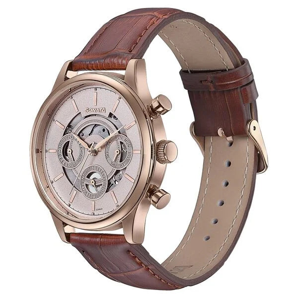 Trendy Men’s Multifunction Quartz Watch with Sleek Pink Dial and Leather Band
