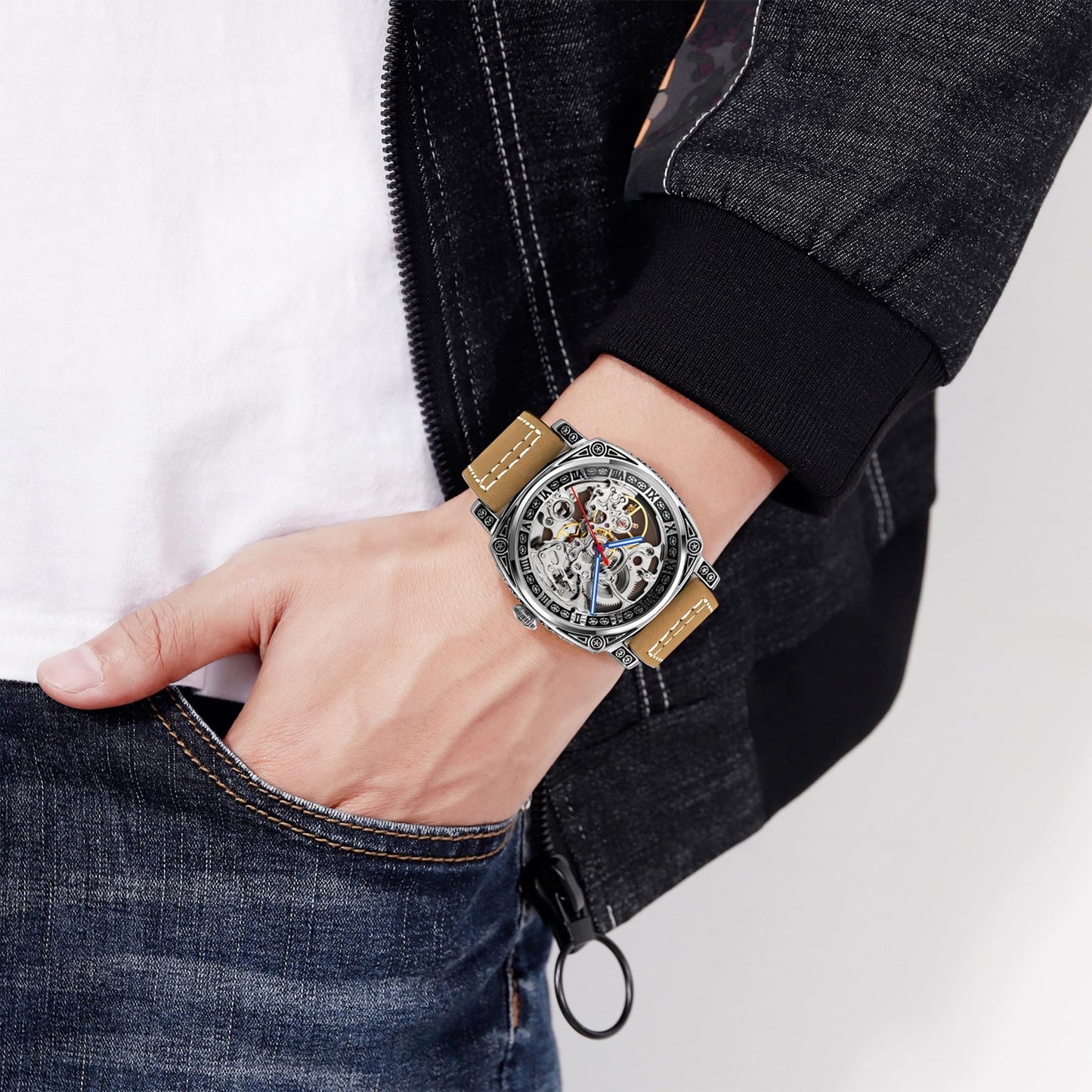 Classic Automatic Analog Leather Strap Wristwatch for Men