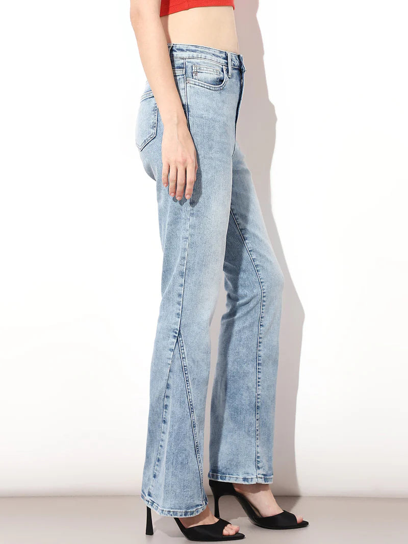Casual Light Blue High Rise Flared Denim Jeans for Women Ideal for Daily Wear and Travel