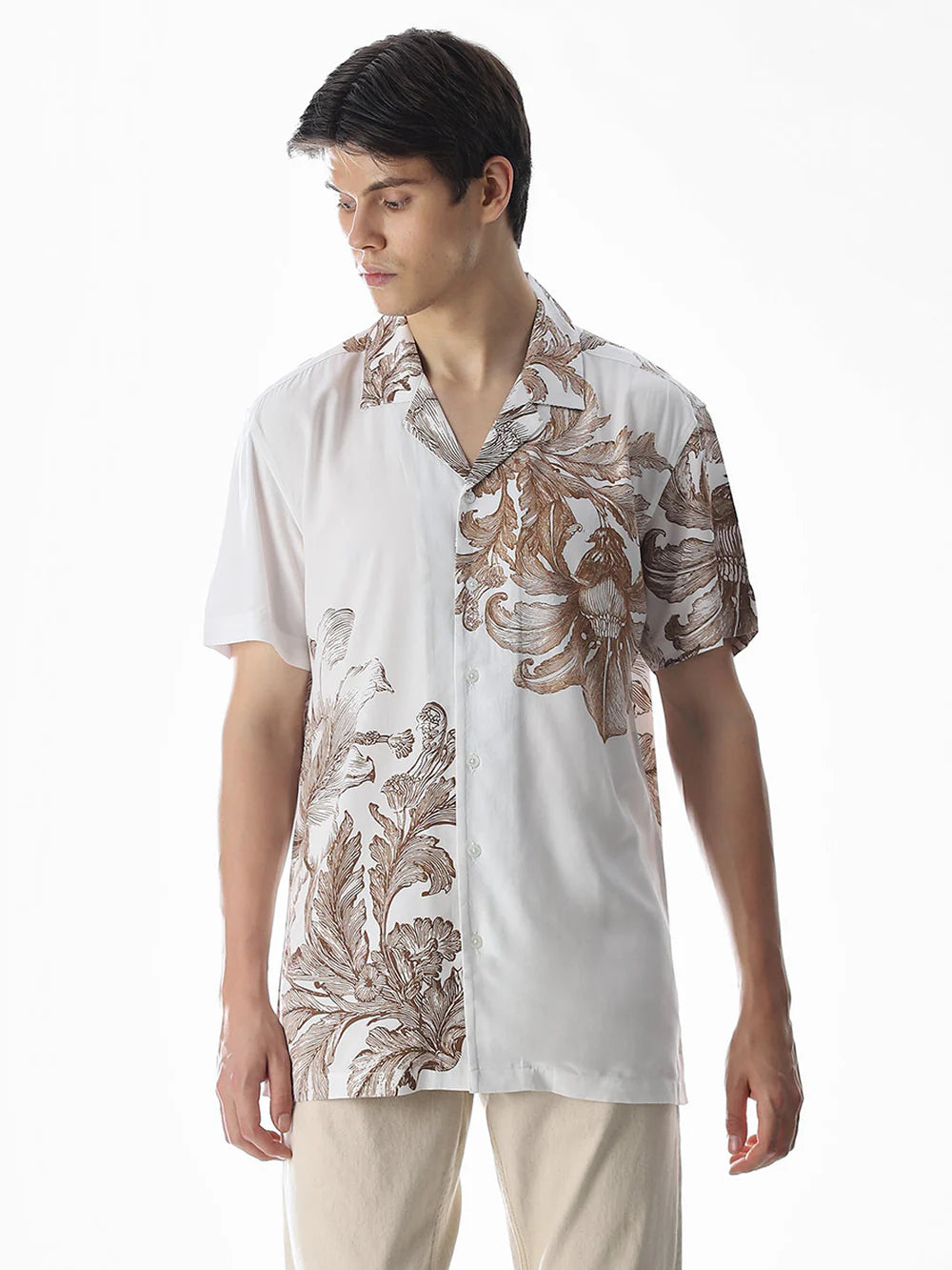 Classic White Floral Printed Comfort Fit Shirt for Everyday Wear