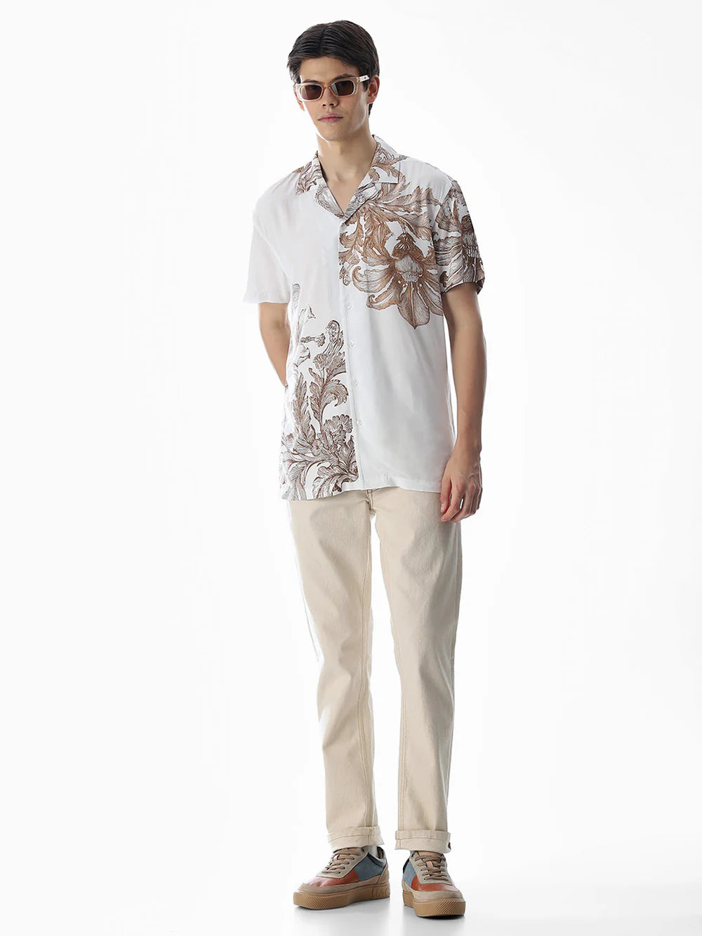 Classic White Floral Printed Comfort Fit Shirt for Everyday Wear