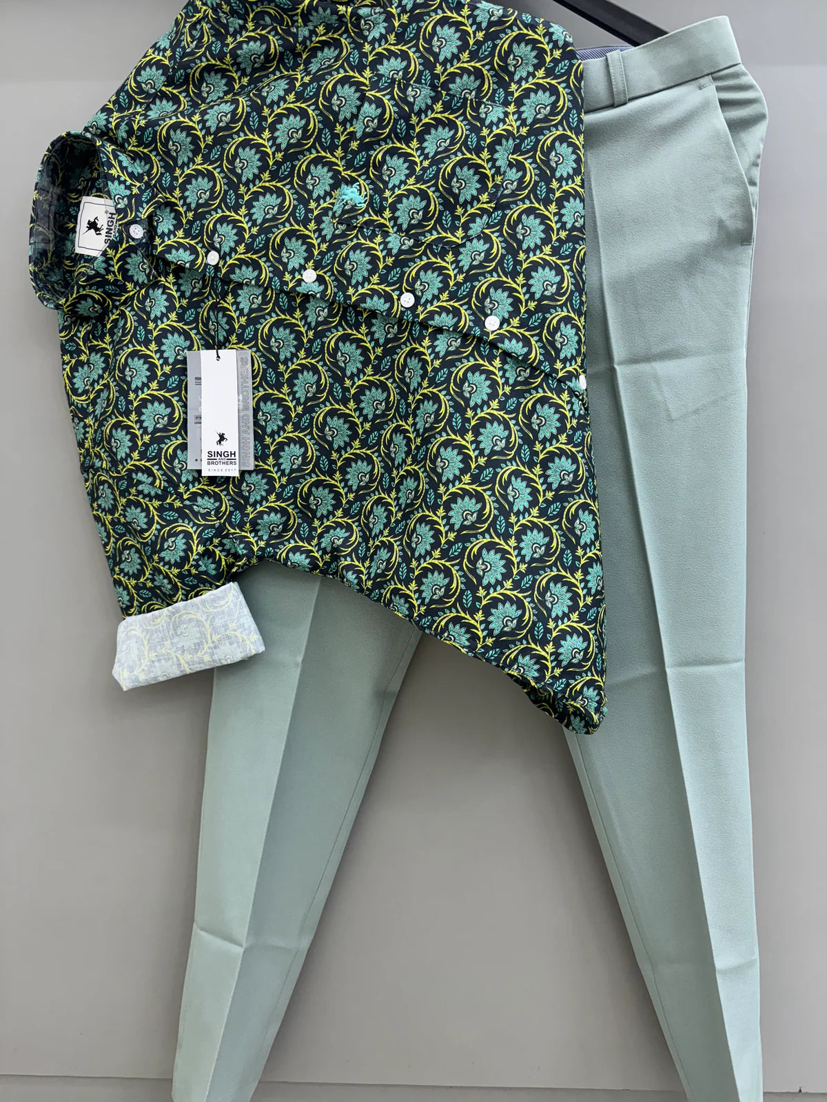 Stylish Men’s Dark Green Floral Shirt with Pale Green Formal Pant Perfect for Office and Casual Wear