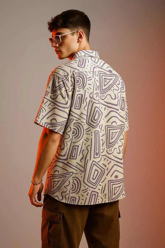 Relaxed Fit Oversized Camp Collar Shirt White Lilac Print