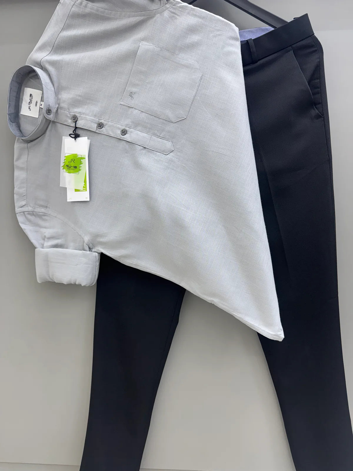 Casual Short Light Grey Kurta with Black Formal Pant Relaxed Fit Men’s Outfit