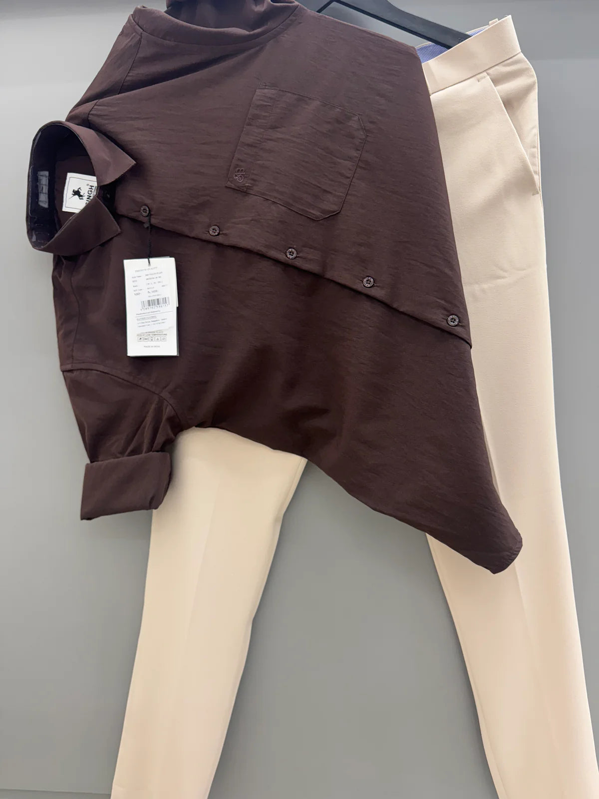 Elegant Men’s Brown Nylon Shirt and Cream Trouser Pant Perfect for Formal and Casual Wear