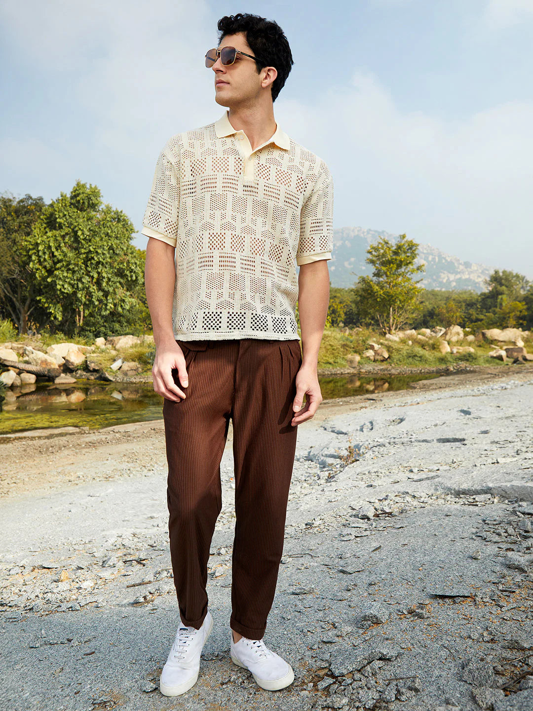 Fashionable Oversized Polo T-Shirt for Men Geo Boho Pattern Lightweight and Soft