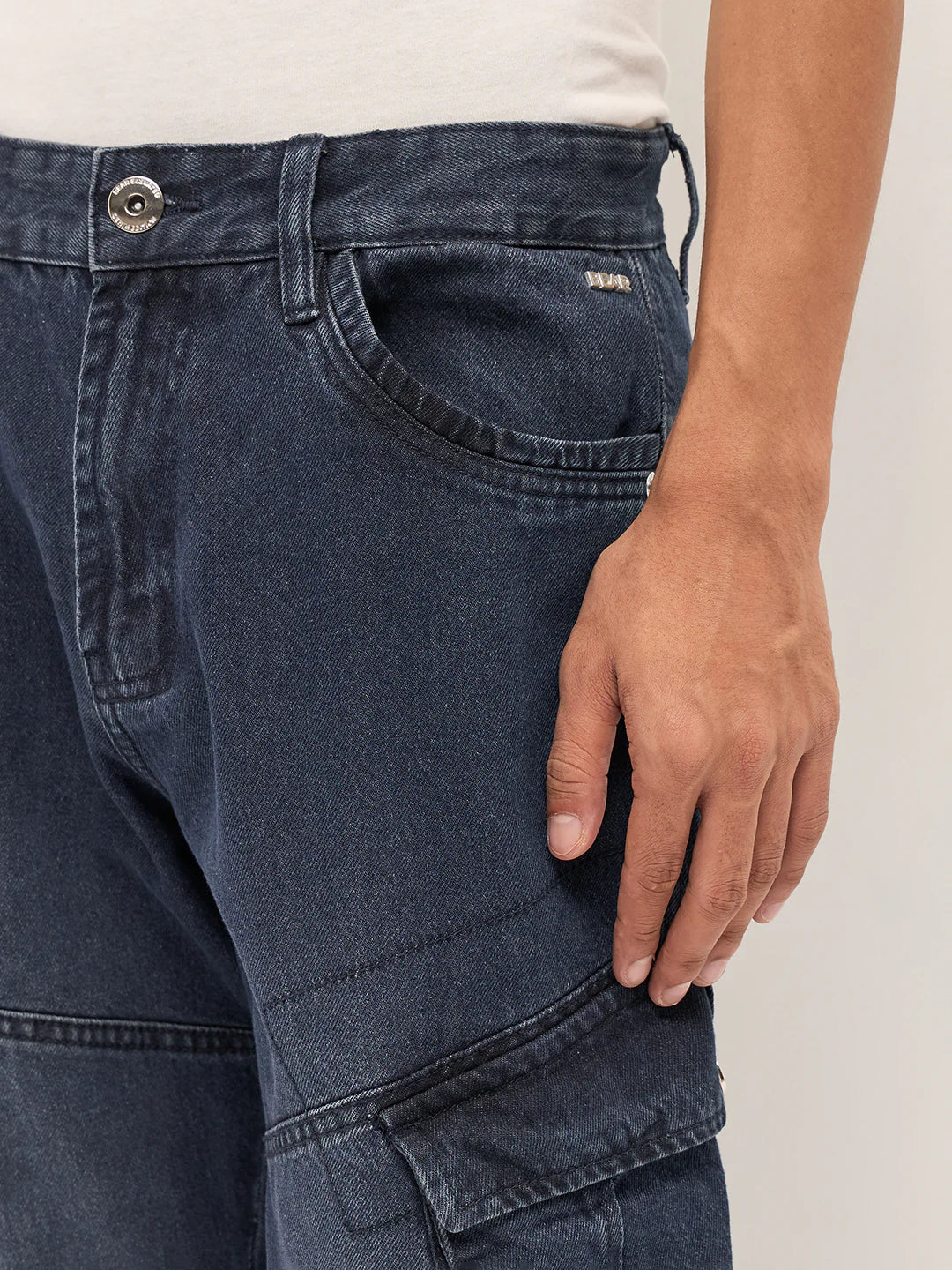 Timeless Mid Blue Faded Straight Fit Cargo Denim with Utility Pockets for Casual and Streetwear Outfits