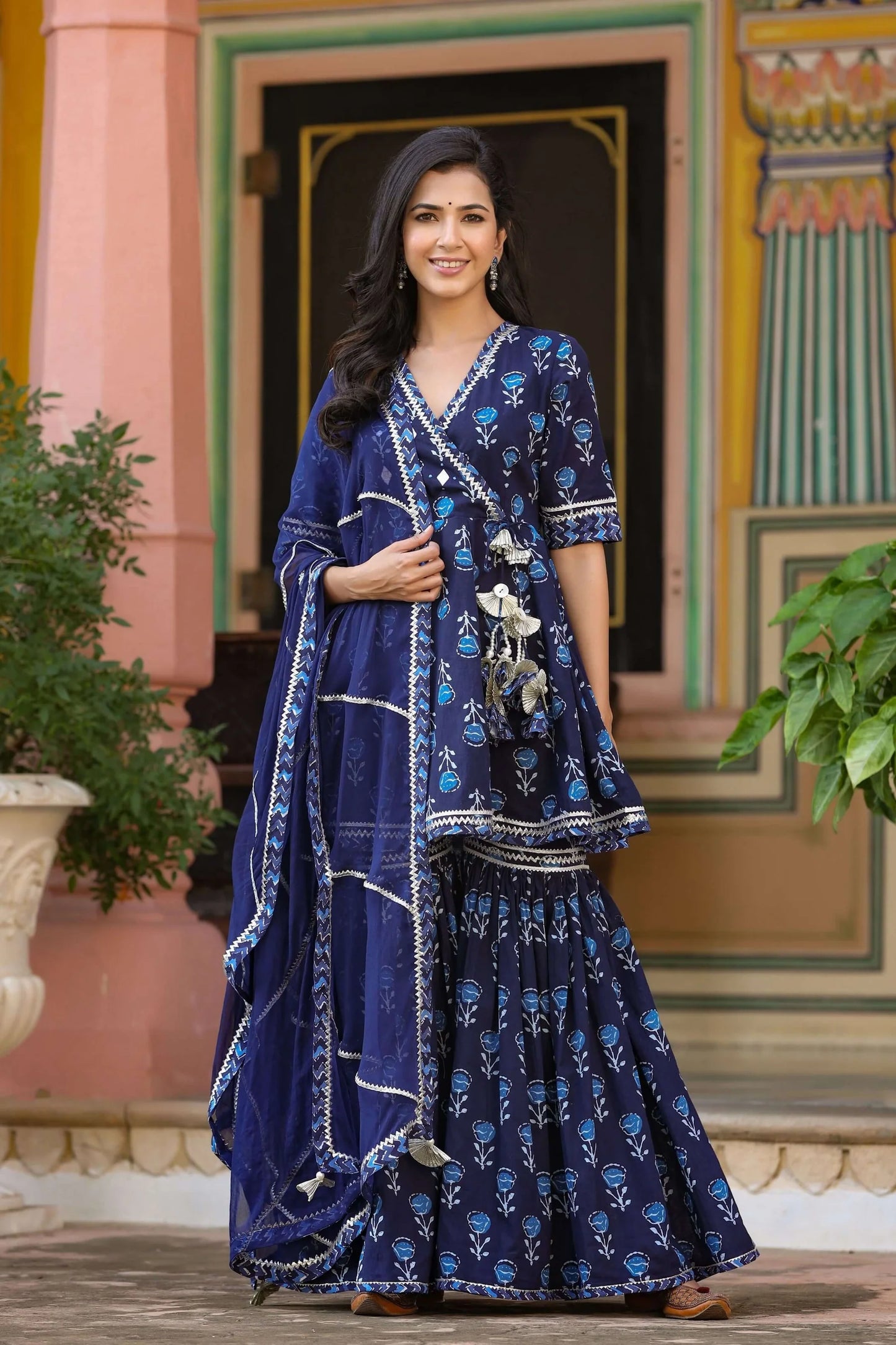 Graceful Women’s Indigo Handblock Sharara Set with Dupatta Ideal for Ethnic Fashion