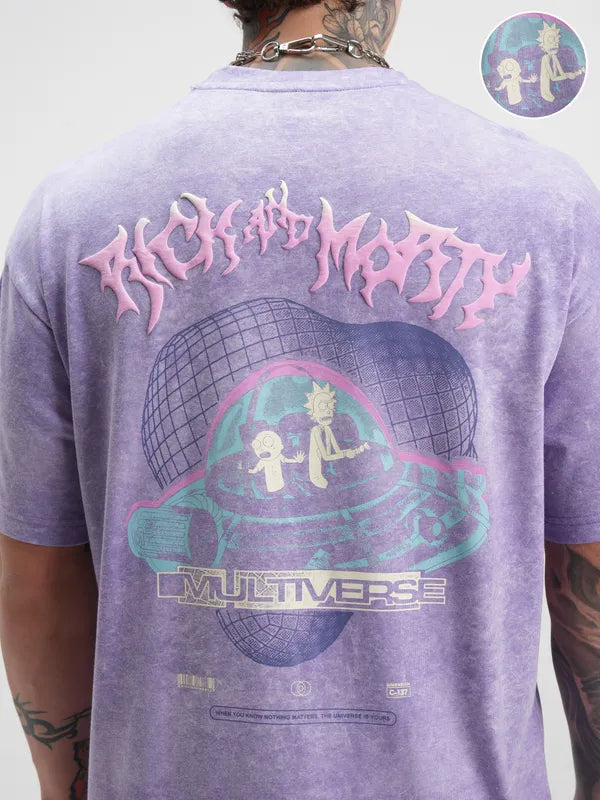 Casual Men’s Purple Oversized T-Shirt with Rick and Morty Artwork