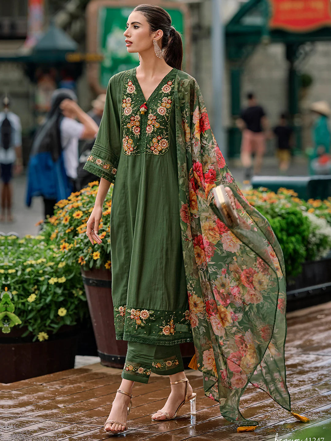 Designer Green Peach Red Kurta Trousers Dupatta Set for Festivals and Special Occasions