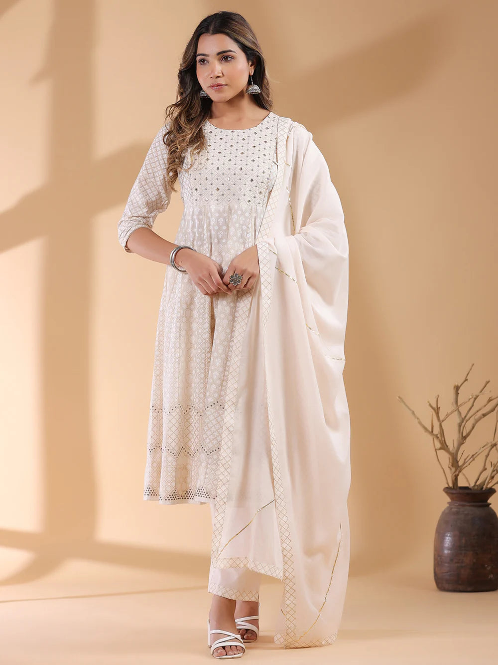Comfortable Women’s Beige Cotton Anarkali Kurta Set with Ethnic Motif Detailing for Casual and Festive Occasions