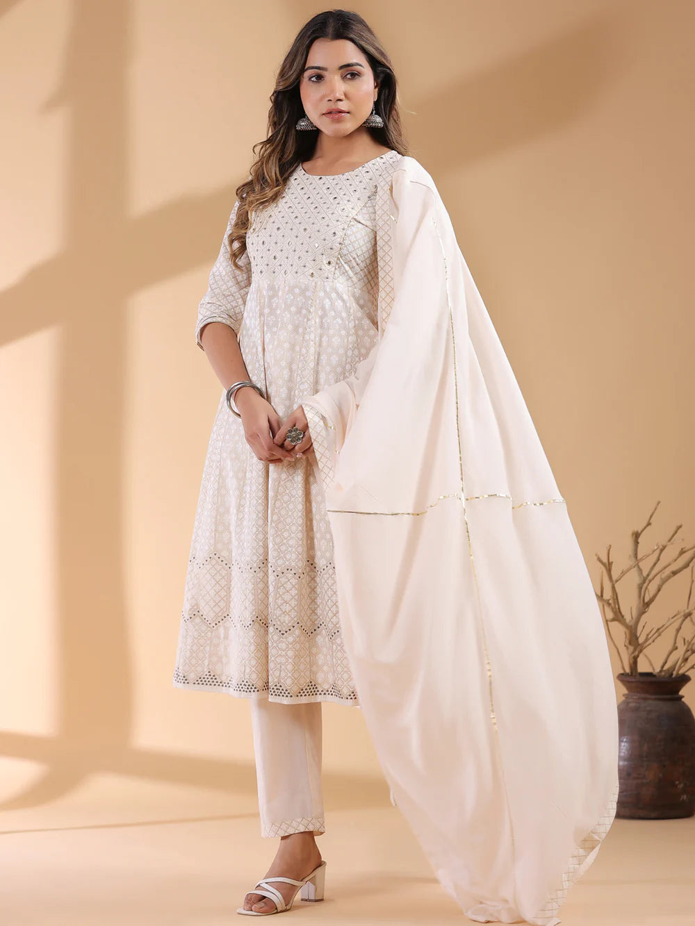 Comfortable Women’s Beige Cotton Anarkali Kurta Set with Ethnic Motif Detailing for Casual and Festive Occasions