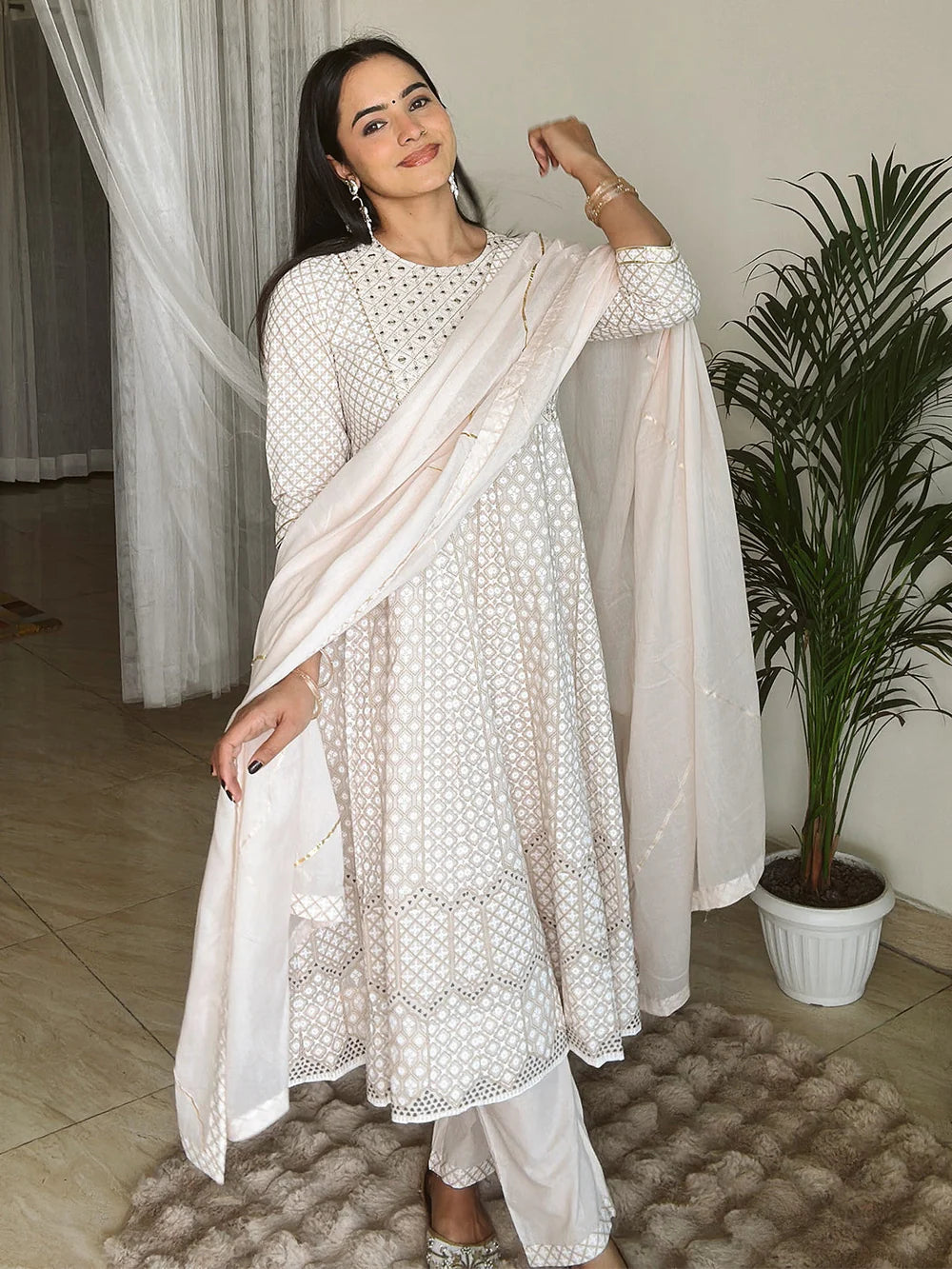 Comfortable Women’s Beige Cotton Anarkali Kurta Set with Ethnic Motif Detailing for Casual and Festive Occasions