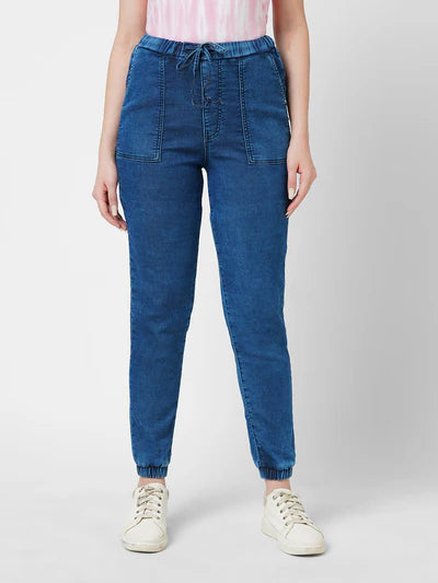 Trendy Women’s High Rise Denim Joggers in Dark Blue for Casual Wear